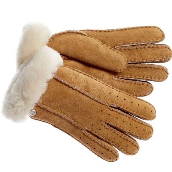 Ugg Perforated Genuine Shearling Suede Gloves- Chestnut